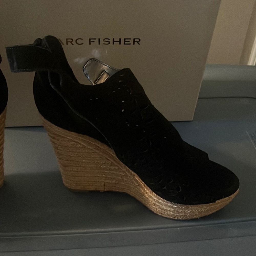 Marc Fisher Black Suede Espadrille Wedge Sandals